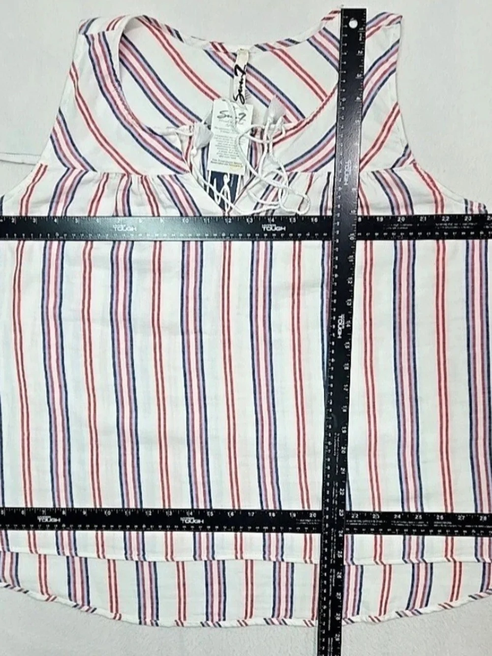 Seven7 Womens Large Sleeveless Tasseled Beachy Cotton Top White Red Blue Striped
